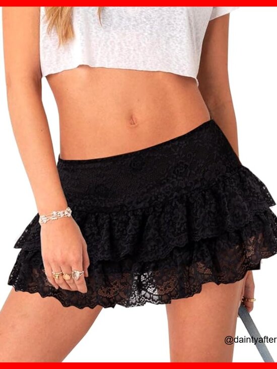 Dresses & Skirts - Polyester Spandex Sheer Lace Ruffle Mini Skirt Low Rise Y2K Vintage